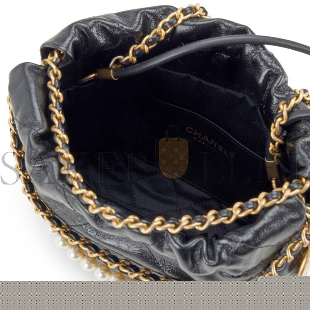 Ch*el master shiny crumpled calfskin quilted pearl mini Ch*el 22 black as3980 (20*19*6cm)